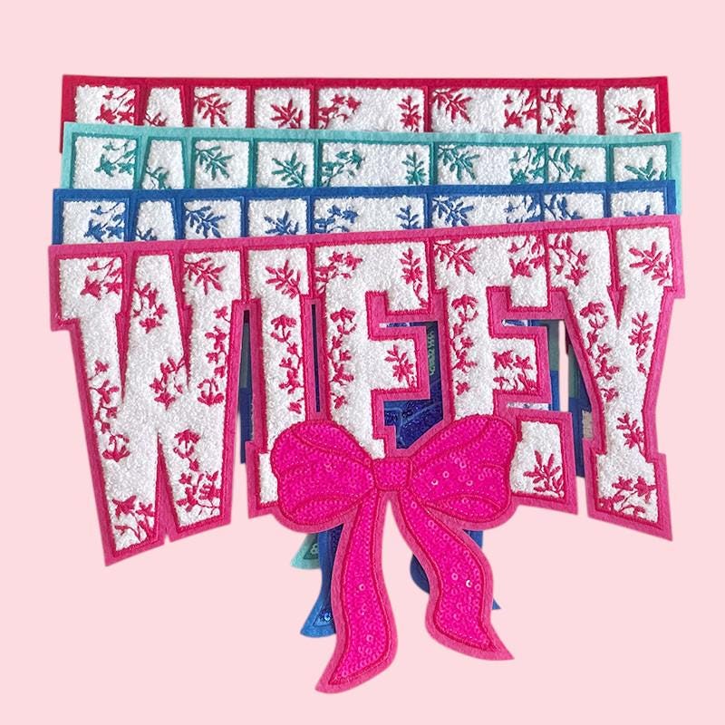 WIFEY Floral Bow Iron On Patch